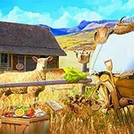Një skenë në ferma me një dele në mes, një shtëpi druri në sfond dhe produkte të ndryshme ushqimore dhe bujqësore në plan të parë