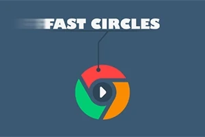 Teksti Fast Circles me një logo shumëngjyrëshe në formë rrethore që përmban një shigjetë luajtjeje brenda