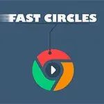 Teksti Fast Circles me një logo shumëngjyrëshe në formë rrethore që përmban një shigjetë luajtjeje brenda
