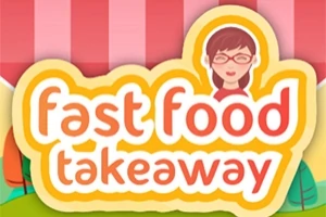 Logo me tekstin fast food takeaway dhe një ilustrim të një gruaje me syze në sfond me shirita rozë