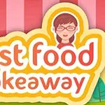 Logo me tekstin fast food takeaway dhe një ilustrim të një gruaje me syze në sfond me shirita rozë