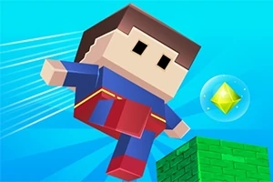 Një personazh me stil bllokor me një kostum ngjyrë blu dhe të kuqe duke fluturuar pranë një platforme jeshile dhe një diamanti të verdhë në ajër