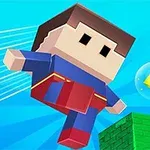 Një personazh me stil bllokor me një kostum ngjyrë blu dhe të kuqe duke fluturuar pranë një platforme jeshile dhe një diamanti të verdhë në ajër