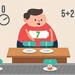 Një person me bluzë të kuqe qëndron pas një tavoline me dy pjata dhe numrat 5 dhe 2, me ekuacionin 5+2=7 në sfond dhe një kull në këndin e majtë të sipërm