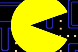 Një figurë e madhe, e verdhë në formë të një rrethi me një hapje trekëndore, e vendosur në një sfond të zi me vijëzime blu dhe pika të vogla të verdha