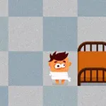 Një personazh me flokë të kuqe dhe fytyrë të shqetësuar qëndron brenda një dhome të thjeshtë me dysheme me pllaka dhe një shtrat afër