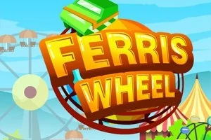 Teksti FERRIS WHEEL me ngjyra të ndritshme mbi një sfond me rrota panoramike dhe çadra karnevali