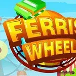 Teksti FERRIS WHEEL me ngjyra të ndritshme mbi një sfond me rrota panoramike dhe çadra karnevali