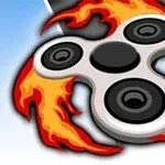 Spinner metalik me tre krahë të rrethuar nga flakë të kuqe e portokalli mbi një sfond blu