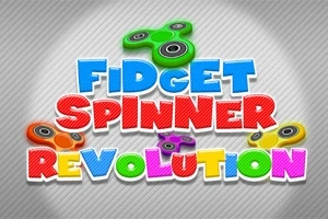 Teksti me ngjyra të ndezura që lexon Fidget Spinner Revolution me pamje të fidget spinner-ëve shumëngjyrësh në sfond gri me vija diagonale