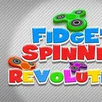 Teksti me ngjyra të ndezura që lexon Fidget Spinner Revolution me pamje të fidget spinner-ëve shumëngjyrësh në sfond gri me vija diagonale