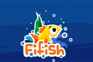 Peshk shumëngjyrësh me flluska uji në një sfond blu me tekstin Fifish