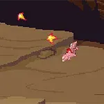 Një krijesë rozë me krahë në një mjedis shpellor pixel art me zjarr që bie nga lart