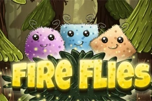Tre karaktere të lezetshme me forma dhe ngjyra të ndryshme qëndrojnë përpara një sfondi pyjor, me tekstin FIRE FLIES të madh dhe të ndriçuar poshtë tyre