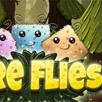 Tre karaktere të lezetshme me forma dhe ngjyra të ndryshme qëndrojnë përpara një sfondi pyjor, me tekstin FIRE FLIES të madh dhe të ndriçuar poshtë tyre