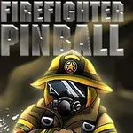 Një zjarrfikës me helmetë dhe maskë oksigjeni spërkat ujë, me tekstin Firefighter Pinball mbi kokën e tij