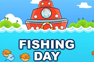 Anije e kuqe mbi valë me peshq poshtë dhe një tekst që thotë Fishing Day
