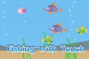 Peshq shumëngjyrësh notojnë në një mjedis nënujore me bubullima dhe bimë, me tekstin Fishing with Touch