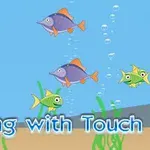 Peshq shumëngjyrësh notojnë në një mjedis nënujore me bubullima dhe bimë, me tekstin Fishing with Touch