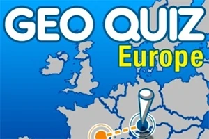 Hartë e Evropës me tekstin Geo Quiz Europe dhe një tregues që shfaqet mbi një shtet
