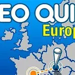 Hartë e Evropës me tekstin Geo Quiz Europe dhe një tregues që shfaqet mbi një shtet
