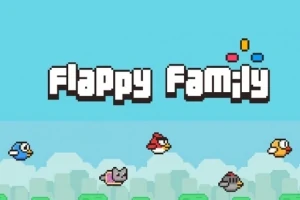 Teksti Flappy Family në krye, me pesë karaktere fluturuese në pjesën e poshtme mbi një sfond të kaltër dhe re