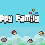 Teksti Flappy Family në krye, me pesë karaktere fluturuese në pjesën e poshtme mbi një sfond të kaltër dhe re