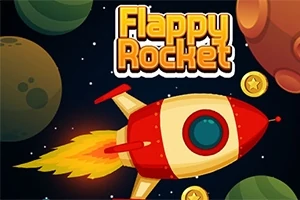 Raketë me ngjyra të kuqe dhe të bardha fluturon përmes hapësirës, e rrethuar nga planetë dhe monedha ari