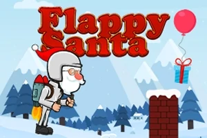Një Santa me një kostum fluturues dhe me një shishe raketa në shpinë fluturon mbi një peizazh deborë me një tullë të mbuluar me borë dhe një dhuratë me një tullumbace rozë në sfond