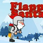 Një Santa me një kostum fluturues dhe me një shishe raketa në shpinë fluturon mbi një peizazh deborë me një tullë të mbuluar me borë dhe një dhuratë me një tullumbace rozë në sfond