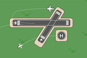 Dy pista të ndërprera fluturimi dhe një helipad mbi një sfond të gjelbër me dy aeroplanë të vegjël të bardhë që fluturojnë përreth