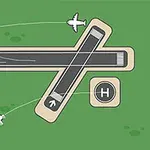 Dy pista të ndërprera fluturimi dhe një helipad mbi një sfond të gjelbër me dy aeroplanë të vegjël të bardhë që fluturojnë përreth