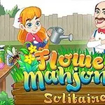 Një vajzë dhe një burrë në një kopsht me lule, ndërsa vajza mban një enë ujitjeje dhe burri është i buzëqeshur, me tekstin Flower Mahjong Solitaire mbi ta