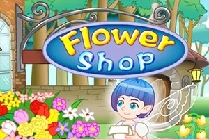 Një tabelë me mbishkrimin Flower Shop dhe një figurë fëmije krah një kopështi me lule shumëngjyrëshe