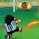 Një lojtar futbolli me fanellë me numrin 10 që gjuan një top të zjarrtë drejt portës ku ndodhet portieri