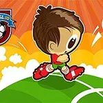 Një personazh i animuar i veshur me uniformë futbolli vrapon në një fushë të gjelbër me një top futbolli në ajër dhe një sfond portokalli me re të bardha