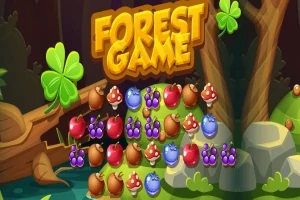 Një sfond pyjor me fruta të ndryshme, kërpudha dhe gjethe, me tekstin FOREST GAME në krye
