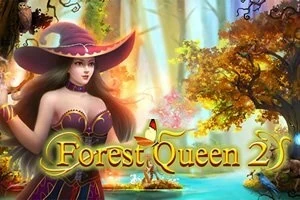 Një grua magjistare me një kapele të madhe në një pyll magjik, me pemë shumëngjyrëshe dhe shkrimin Forest Queen 2