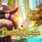 Një grua magjistare me një kapele të madhe në një pyll magjik, me pemë shumëngjyrëshe dhe shkrimin Forest Queen 2