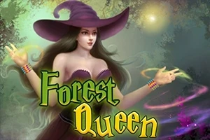 Një grua me kapelë magjistare e rrethuar nga shkurre dhe drita shumëngjyrëshe, me tekstin Forest Queen përpara