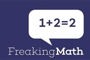 Flluskë dialogu me ekuacionin matematikor 1+2=2 mbi sfond të kaltër me tekstin Freaking Math