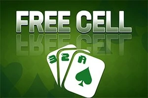 Grafikë me tekstin Free Cell dhe tre letra me simbole dhe numra, mbi sfond jeshil