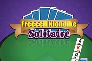 Një ekran me grafikë letrash të grumbulluara, me tekstin Freecell Klondike Solitaire mbi një sfond lejla dhe të gjelbër