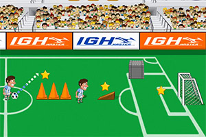 Një futbollist në një fushë të gjelbër me pengesa portokalli, yje të arta dhe porta futbolli