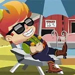 Një person me flokë të kuqe dhe syze dielli, i veshur me humor, është ulur në një karrige plazhi pranë një pishine, me një hambar dhe derra në sfond