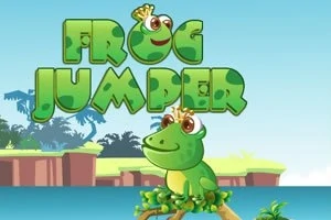 Një bretkosë me kurorë qëndron mbi një lule në një peizazh me ujë dhe pemë, me shkronjat e gjelbra të mëdha që lexojnë Frog Jumper sipër saj
