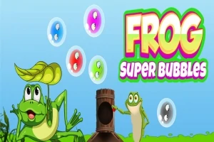 Bretkosa me gjeth në kokë dhe një bretkosë tjetër pranë një topi druri, me flluska shumëngjyrëshe në një sfond blu dhe tekstin Frog Super Bubbles