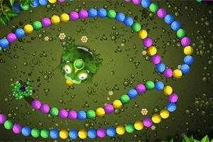 Një bretkocë jeshile e rrethuar nga sfera me ngjyra të ndryshme në një model spiral mbi një sfond të gjelbër