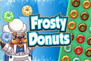 Një personazh kafshë me veshje kuzhinieri mban donuts shumëngjyrëshe pranë titullit Frosty Donuts në sfond blu me borë dhe donuts të renditura djathtas
