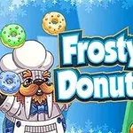 Një personazh kafshë me veshje kuzhinieri mban donuts shumëngjyrëshe pranë titullit Frosty Donuts në sfond blu me borë dhe donuts të renditura djathtas